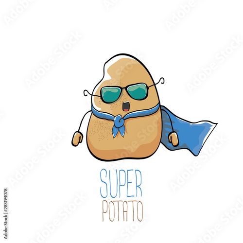 vector funny cartoon cute brown super hero potato with blue hero cape and hero mask isolated on white background. My name is potato vector concept. super vegetable food character