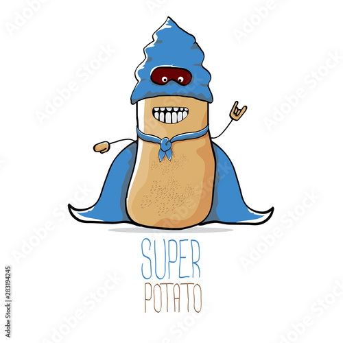 vector funny cartoon cute brown super hero potato with blue hero cape and hero mask isolated on white background. My name is potato vector concept. super vegetable food character