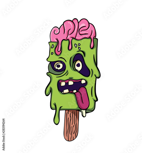 2D flat, Abstract character design Ice cream zombie will be melted, Vector creative illustration cute cartoon object on white background for decoration graphic design and artwork, Halloween concept.
