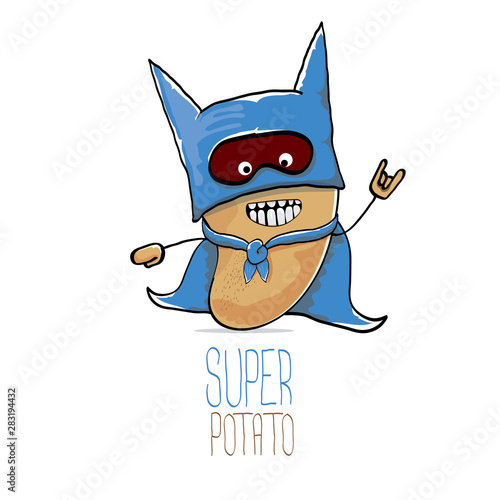 vector funny cartoon cute brown super hero potato with blue hero cape and hero mask isolated on white background. My name is potato vector concept. super vegetable food character