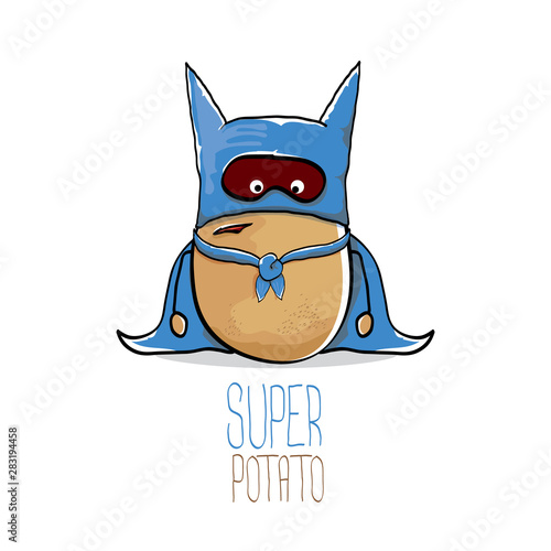 vector funny cartoon cute brown super hero potato with blue hero cape and hero mask isolated on white background. My name is potato vector concept. super vegetable food character