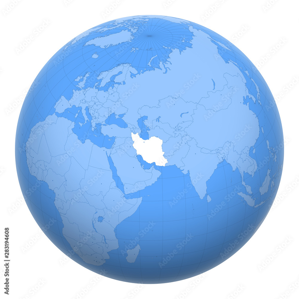 Iran (Persia) on the globe. Earth centered at the location of the Islamic Republic of Iran. Map of Iran. Includes layer with capital cities.