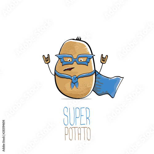 vector funny cartoon cute brown super hero potato with blue hero cape and hero mask isolated on white background. My name is potato vector concept. super vegetable food character