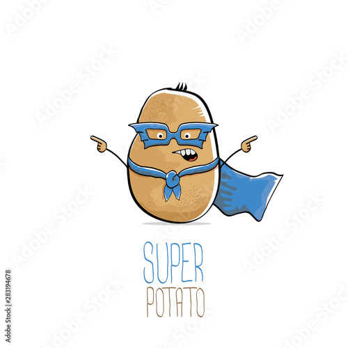 vector funny cartoon cute brown super hero potato with blue hero cape and hero mask isolated on white background. My name is potato vector concept. super vegetable food character