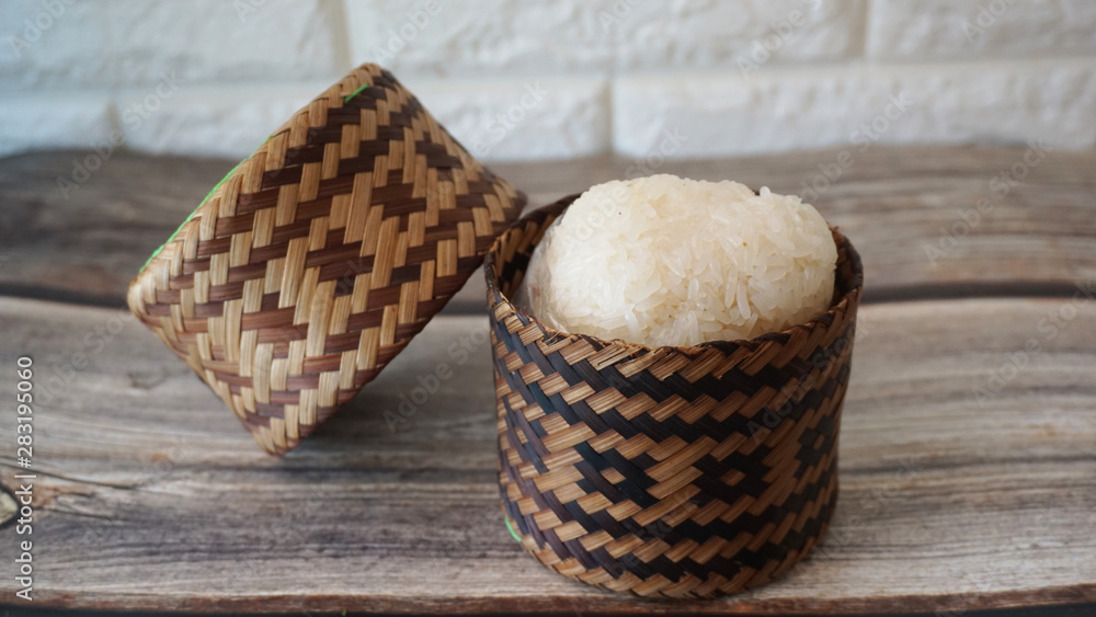sticky rice in bamboo basket container sticky rice in bamboo basket container