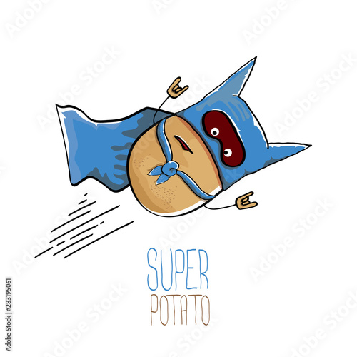 vector funny cartoon cute brown super hero potato with blue hero cape and hero mask isolated on white background. My name is potato vector concept. super vegetable food character