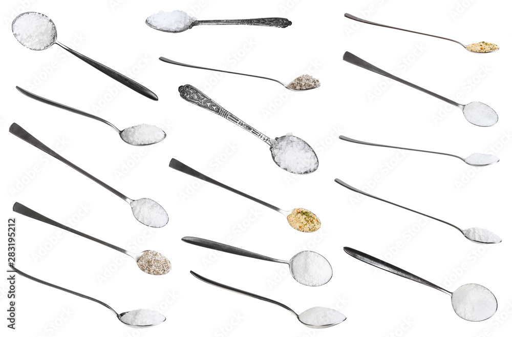 collection from metal spoons with various salts collection from metal spoons with various salts