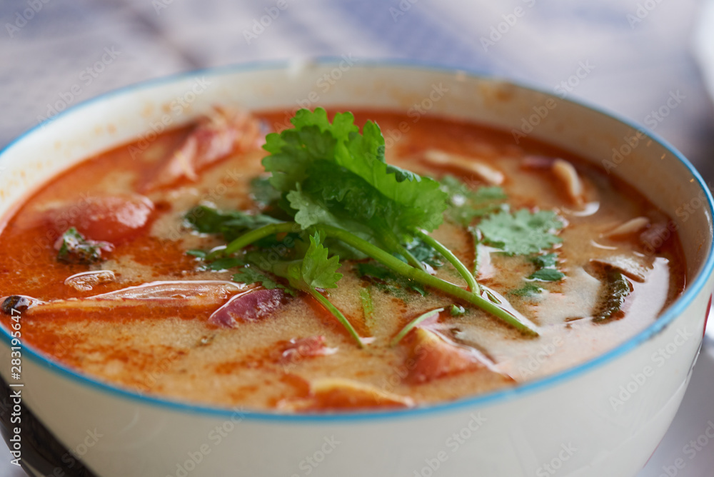 Close-up view of spicy prawn soup Close-up view of spicy prawn soup