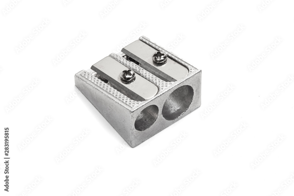 Metallic pencil sharpener with Double Hole isolated on white background Metallic pencil sharpener with Double Hole isolated on white background