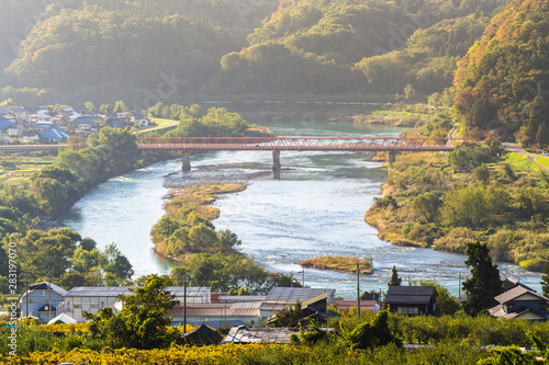 Beautiful view of the Chikuma river in Iiyama city,Nagano, Japan photo