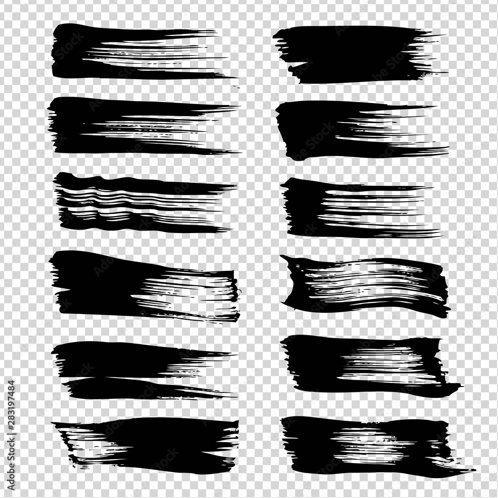 Black abstract straight brushstrokes textured big set isolated on imitation transparent background