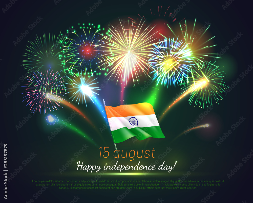 Happy India independence day greeting card with festive fireworks ...