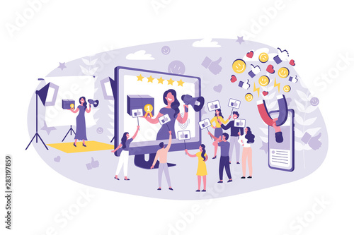 Business Concept Blogging, PR, Advertising, Influencer marketing. Big group of Clerks ready teamwork. Celebrity Advance of the Content. Team of businessmen together. Cartoon flat Design, Isolated