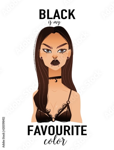 Black is my favourite color lettering and sexy girl vector illustration isolated.