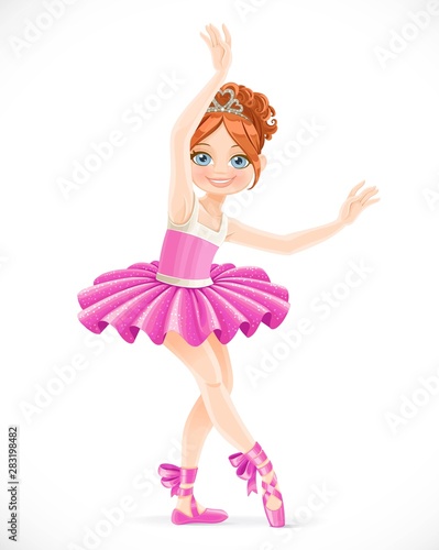 Cartoon ballerina girl in pink dress dancing isolated on a white background