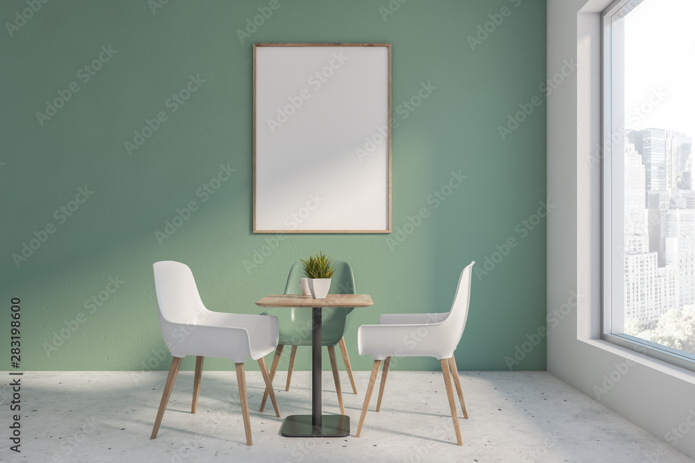 Green cafe interior with poster Green cafe interior with poster