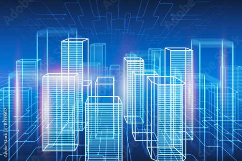 Neon futuristic digital city hologram photo