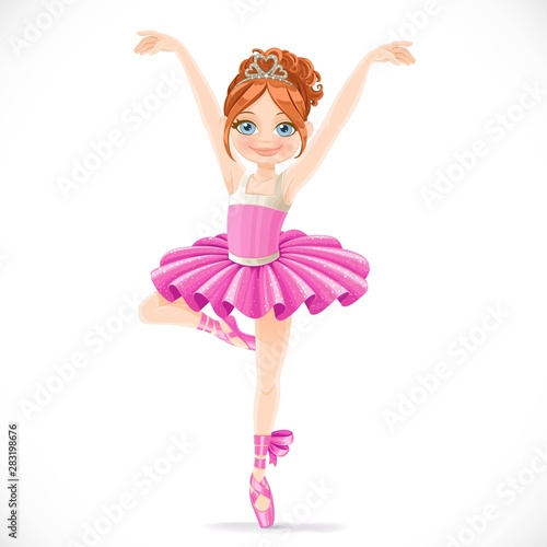 Ballerina girl in pink tutu dancing on one leg isolated on a white background