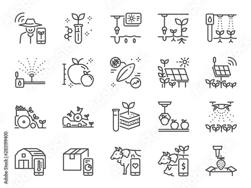 Smart farming line icon set. Included icons as farmer, agriculture, planting, app, online control and more.