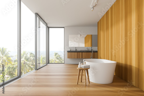 Panoramic white and wooden bathroom
