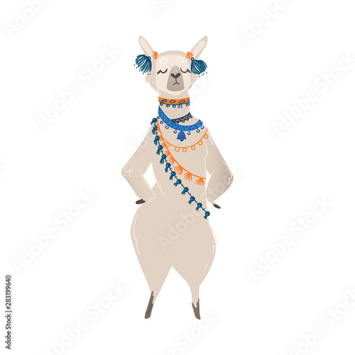 A cute animal llama or alpaca stands on its hind legs in headphones and traditional jewelery.