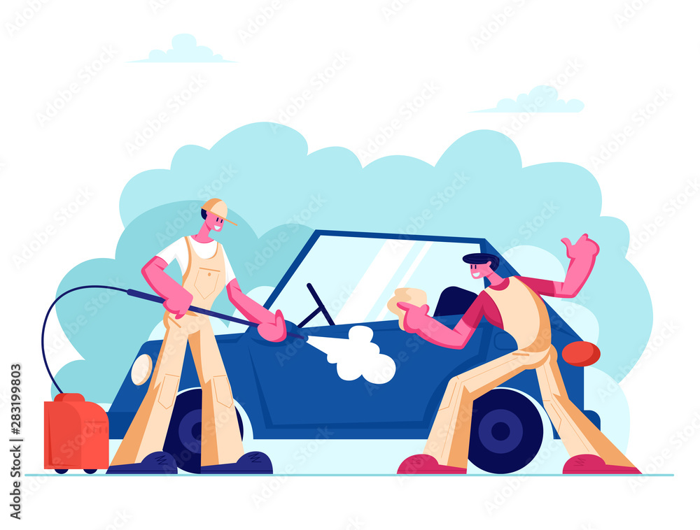 Fototapeta premium Car Wash Service Concept with Couple of Workers Wearing Uniform Lathering Automobile with Sponge and Pouring with Water Jet. Cleaning Company Employees at Work Process Cartoon Flat Vector Illustration