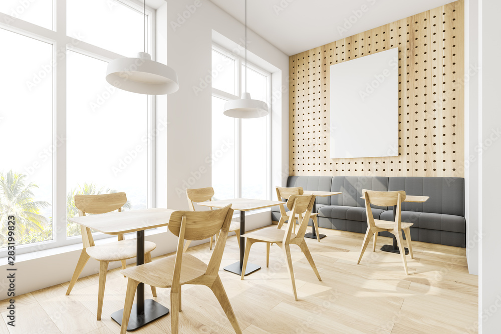 Fototapeta premium White and wooden coffee shop with poster