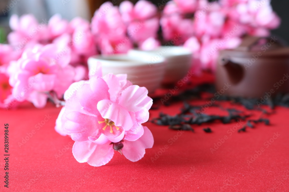 Chinese tea ceremony with the use of utensils of clay on the background of the cherry blossom.