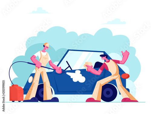 Car Wash Service Concept with Couple of Workers Wearing Uniform Lathering Automobile with Sponge and Pouring with Water Jet. Cleaning Company Employees at Work Process Cartoon Flat Vector Illustration