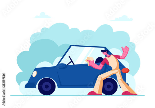 Car Wash Service Worker Wearing Uniform Wiping Out Automobile with Sponge. Cleaning Company Employee Working Process on Auto Service Station. Man Cleaning Vehicle. Cartoon Flat Vector Illustration