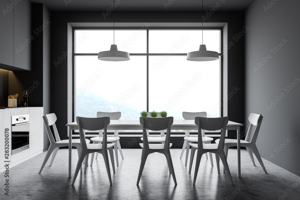 Gray kitchen interior with window and table