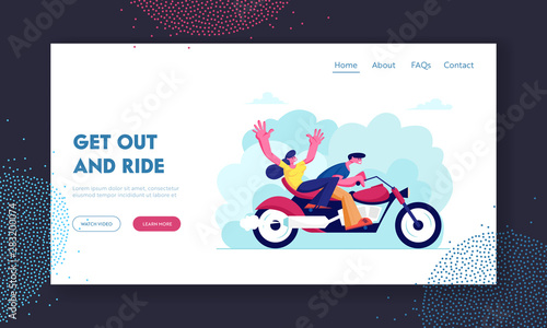 Young Loving Couple Riding Motorbike Website Landing Page. Girl and Man Having Vacation Sparetime Summer Time Weather, Leisure Romantic Journey Love Web Page. Cartoon Flat Vector Illustration, Banner