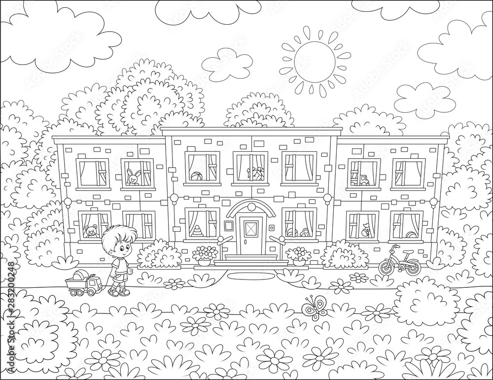 Happily smiling little boy with toys going to his nursery school on a sunny morning, black and white vector illustration in a cartoon style for a coloring book Happily smiling little boy with toys going to his nursery school on a sunny morning, black and white vector illustration in a cartoon style for a coloring book