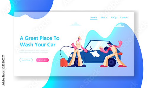 Car Wash Service Website Landing Page. Workers Wearing Uniform Lathering Automobile with Sponge and Pouring with Water Jet. Cleaning Company Working Web Page Banner. Cartoon Flat Vector Illustration
