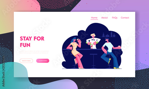 People Visiting Night Club Website Landing Page. Characters Sit at High Chairs Drink Beverages on Bar Counter with Barman Making Cocktail in Restaurant Web Page Banner Cartoon Flat Vector Illustration