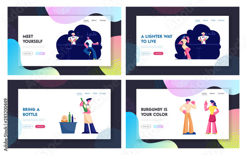 Wine Degustation and Visiting Night Club Website Landing Page. Expert Sommelier Presenting Alcohol Drink Customers, Man and Woman Night Life Leisure Web Page Banner. Cartoon Flat Vector Illustration