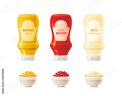 Mustard, ketchup, mayonnaise sauces bottles cup bowls. Hot spice sauce set. Food icons with text logo label on plastic squeeze bottle packaging. 3d realistic vector illustration. Isolated background