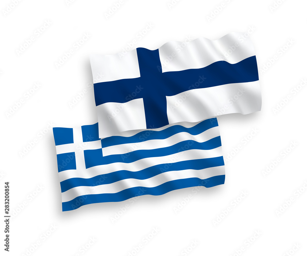 National vector fabric wave flags of Greece and Finland isolated on white background. 1 to 2 proportion. National vector fabric wave flags of Greece and Finland isolated on white background. 1 to 2 proportion.