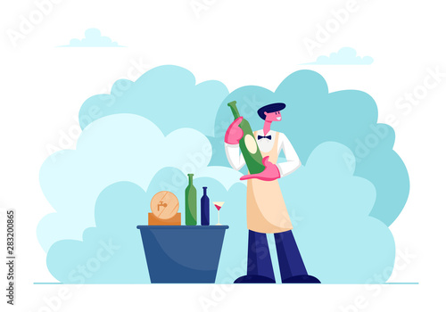 Wine Degustation with Man Professional Expert Sommelier Character Wearing Apron Holding Wine Bottle for Tasting Alcohol Drink Explaining Beverage Features to Customers Cartoon Flat Vector Illustration