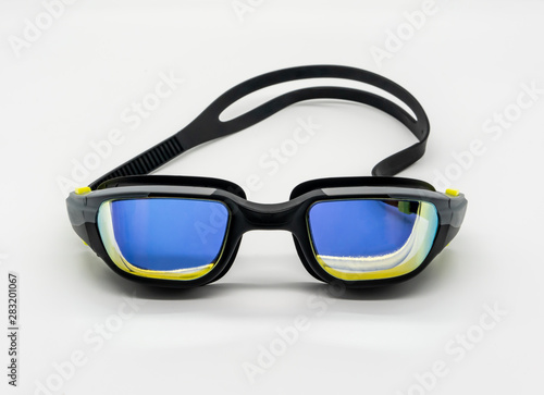 High quality fashion mercury coated swimming goggle in black, grey and green isolated on white.