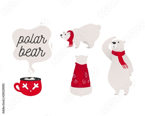 White polar bear set with winter items flat vector illustration isolated on white.