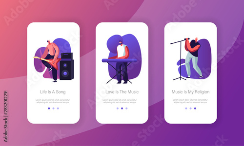 Rock Show Mobile App Page Onboard Screen Set. Men Artists Band on Stage Playing Musical Instruments Guitar and Synthesizer, Performing Concept for Website or Web Page, Cartoon Flat Vector Illustration