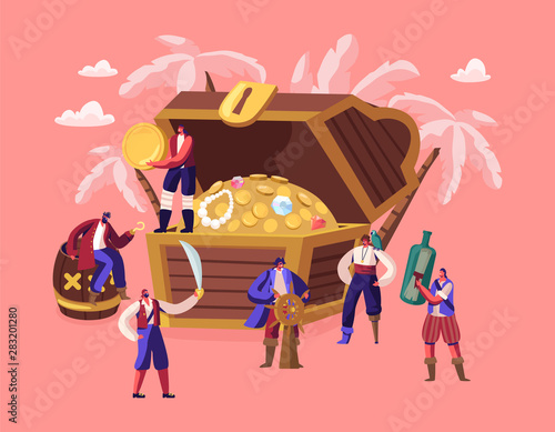 Tiny Characters Wearing Costumes and Holding Pirates Attributes near Huge Chest with Treasures. Adventure Fairy Tale Story, Captain with Steering Wheel, Men with Sword Cartoon Flat Vector Illustration