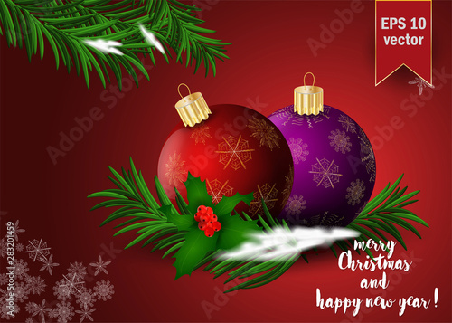 Christmas 6 balls decoration among snowflakes on spruce branch, background design