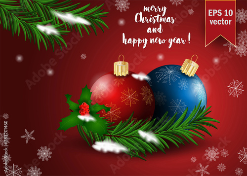 Christmas 5 balls decoration among snowflakes on spruce branch, background design