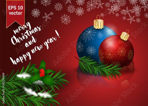 Christmas 7 balls decoration among snowflakes on spruce branch, background design