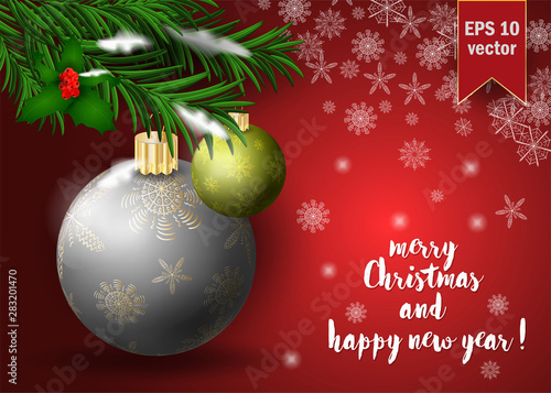Christmas 8 balls decoration among snowflakes on spruce branch, background design