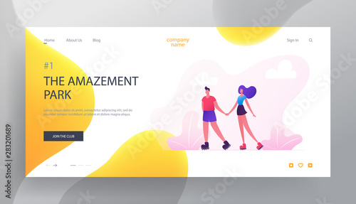 Happy Couple Roller Skating Website Landing Page. Characters Riding Outdoors on Summer Nature Landscape. Extreme Summertime Activity People Dating Web Page Banner. Cartoon Flat Vector Illustration