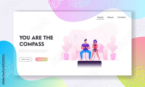 Man Woman Leisure Spare Time Website Landing Page. Family Couple Sitting on Sofa Playing Computer Games in Gaming Console. People Spending Free Time Web Page Banner. Cartoon Flat Vector Illustration