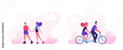 Loving Couple Spend Time Together Cycling on Bike and Skating Rollers. Man Driving Woman on Bicycle Summer Romantic Voyage. Vacation Sparetime, Leisure Love Relations Cartoon Flat Vector Illustration